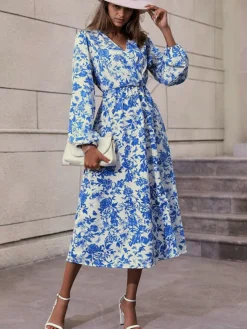 Fashion Retro Stage 1940s V-Neck Floral Long Sleeve Dress Blue