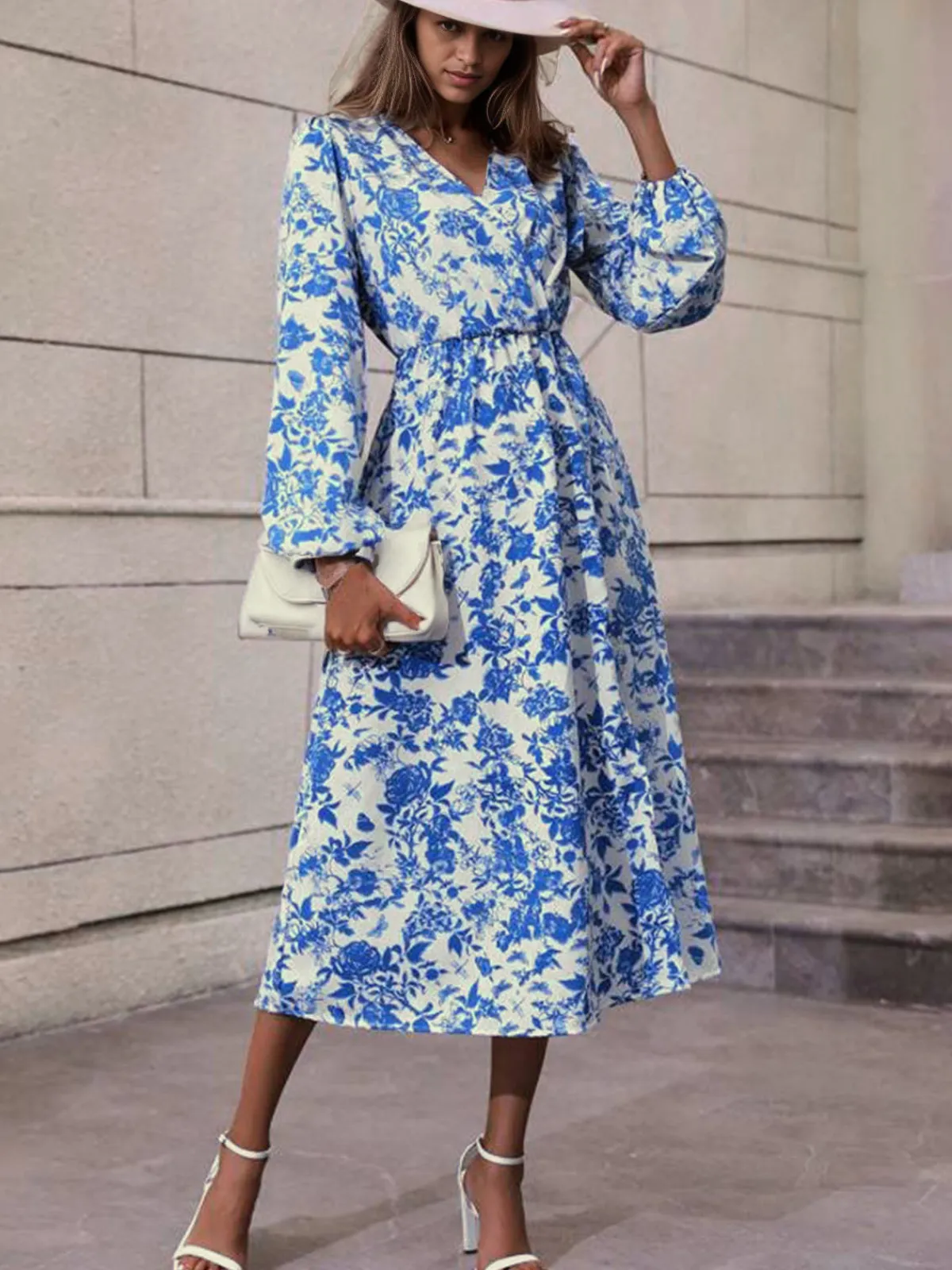 Fashion Retro Stage 1940s V-Neck Floral Long Sleeve Dress Blue