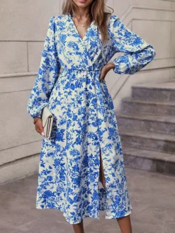 Fashion Retro Stage 1940s V-Neck Floral Long Sleeve Dress Blue