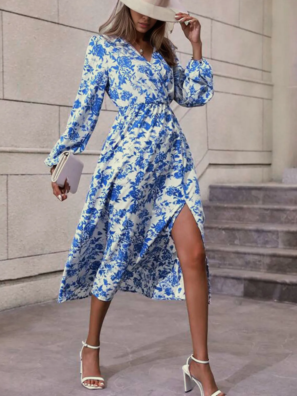 Fashion Retro Stage 1940s V-Neck Floral Long Sleeve Dress Blue