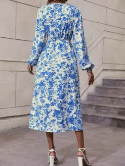 Fashion Retro Stage 1940s V-Neck Floral Long Sleeve Dress Blue