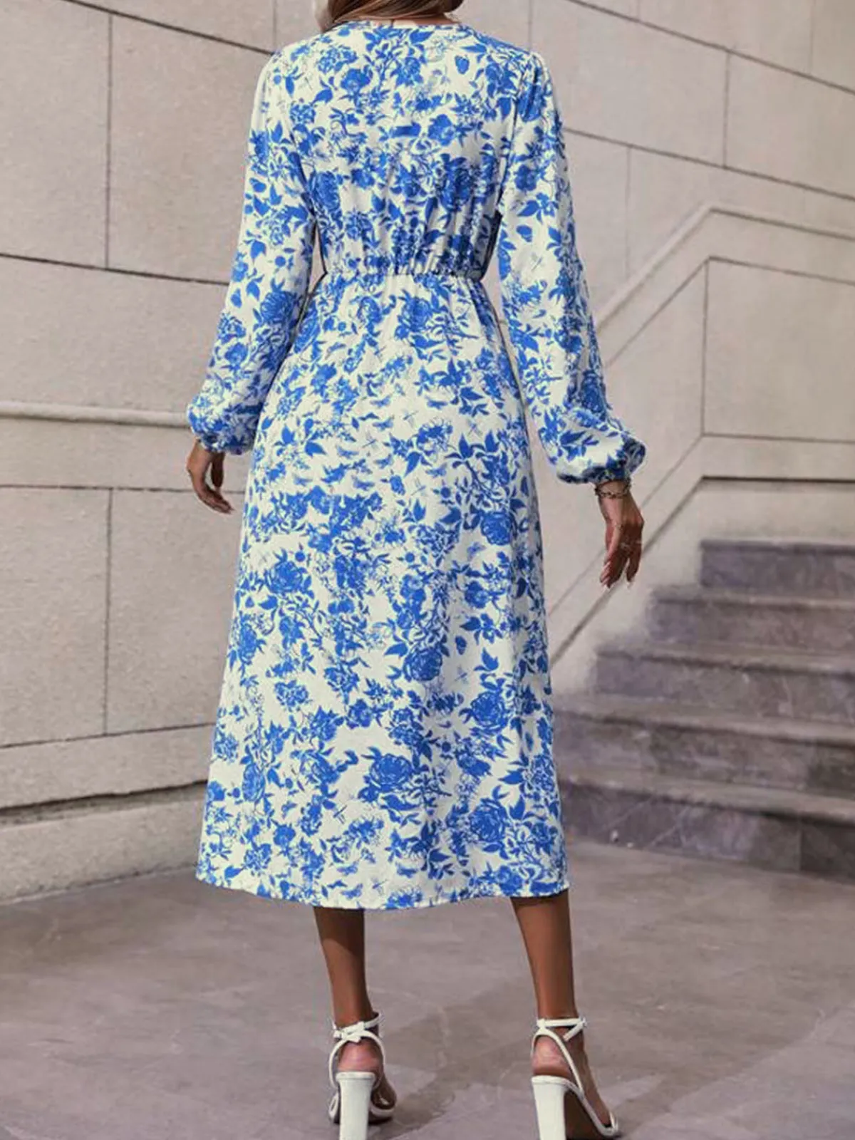 Fashion Retro Stage 1940s V-Neck Floral Long Sleeve Dress Blue