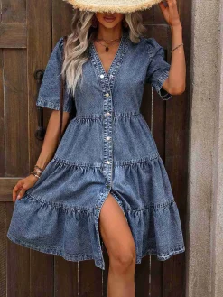 Sale Retro Stage 1970s V-Neck Half Sleeves Denim Dress Blue