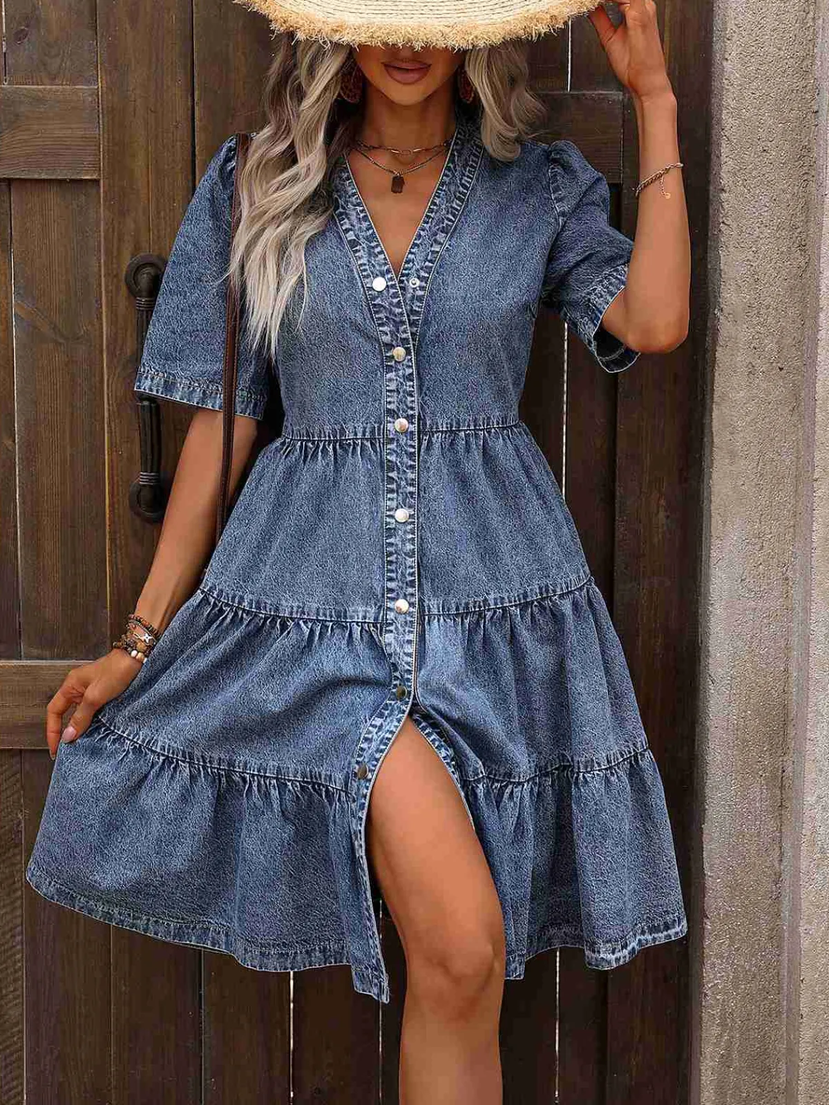 Sale Retro Stage 1970s V-Neck Half Sleeves Denim Dress Blue