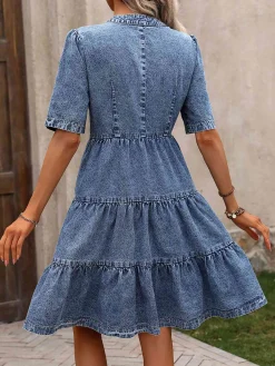 Sale Retro Stage 1970s V-Neck Half Sleeves Denim Dress Blue