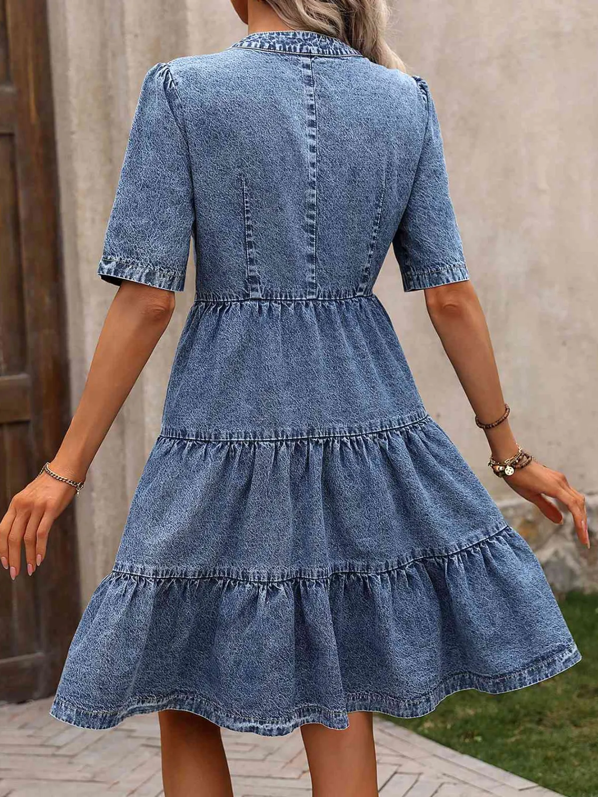 Sale Retro Stage 1970s V-Neck Half Sleeves Denim Dress Blue