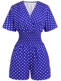 Best Retro Stage 1940s V-Neck Polka Dots Romper Blue