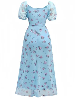 Fashion Retro Stage 1930s V-Neck Rose Mesh Ruffled Dress Blue