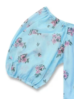 Fashion Retro Stage 1930s V-Neck Rose Mesh Ruffled Dress Blue
