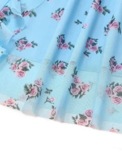 Fashion Retro Stage 1930s V-Neck Rose Mesh Ruffled Dress Blue
