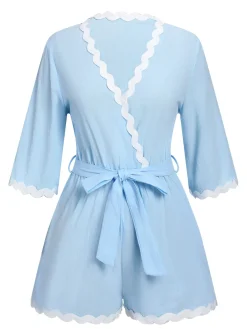 Fashion Retro Stage 1950s V-Neck Solid Belted Romper Blue