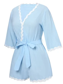 Fashion Retro Stage 1950s V-Neck Solid Belted Romper Blue