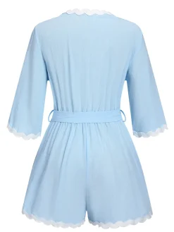Fashion Retro Stage 1950s V-Neck Solid Belted Romper Blue