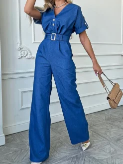 Clearance Retro Stage 1970s V-Neck Solid Jumpsuit Blue