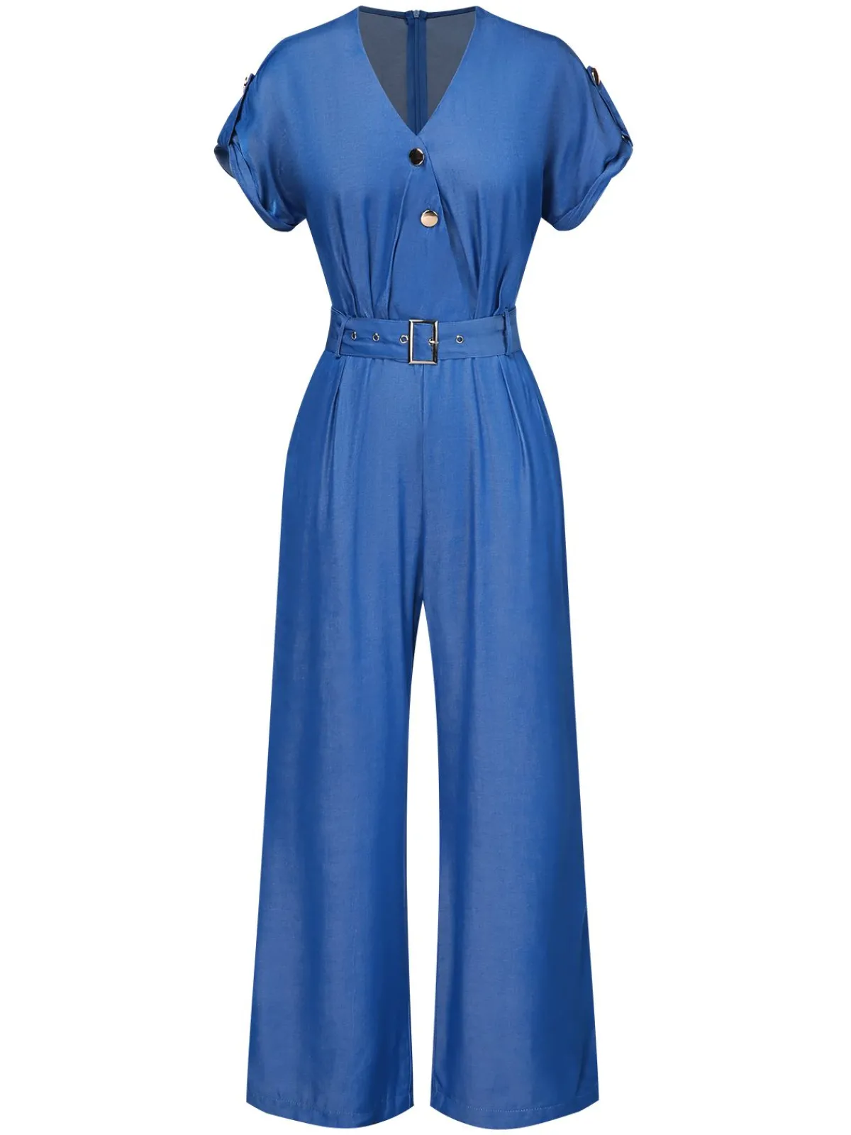 Clearance Retro Stage 1970s V-Neck Solid Jumpsuit Blue