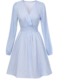 Best Retro Stage 1940s V-Neck Stripes Long Sleeve Dress Blue