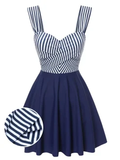Outlet Retro Stage Blue 1940s Wide Straps Stripe Swim Dress Deep Blue