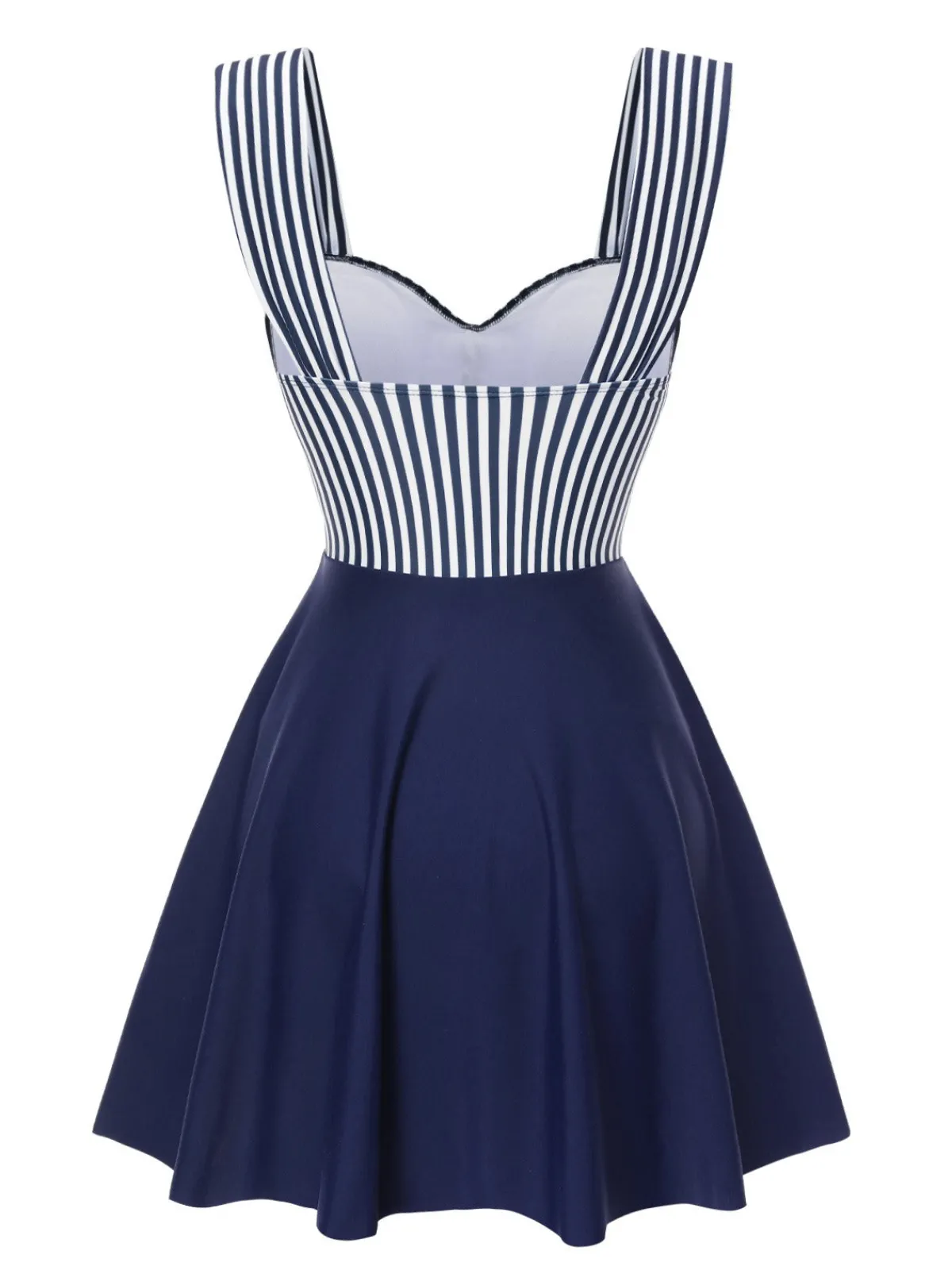 Outlet Retro Stage Blue 1940s Wide Straps Stripe Swim Dress Deep Blue