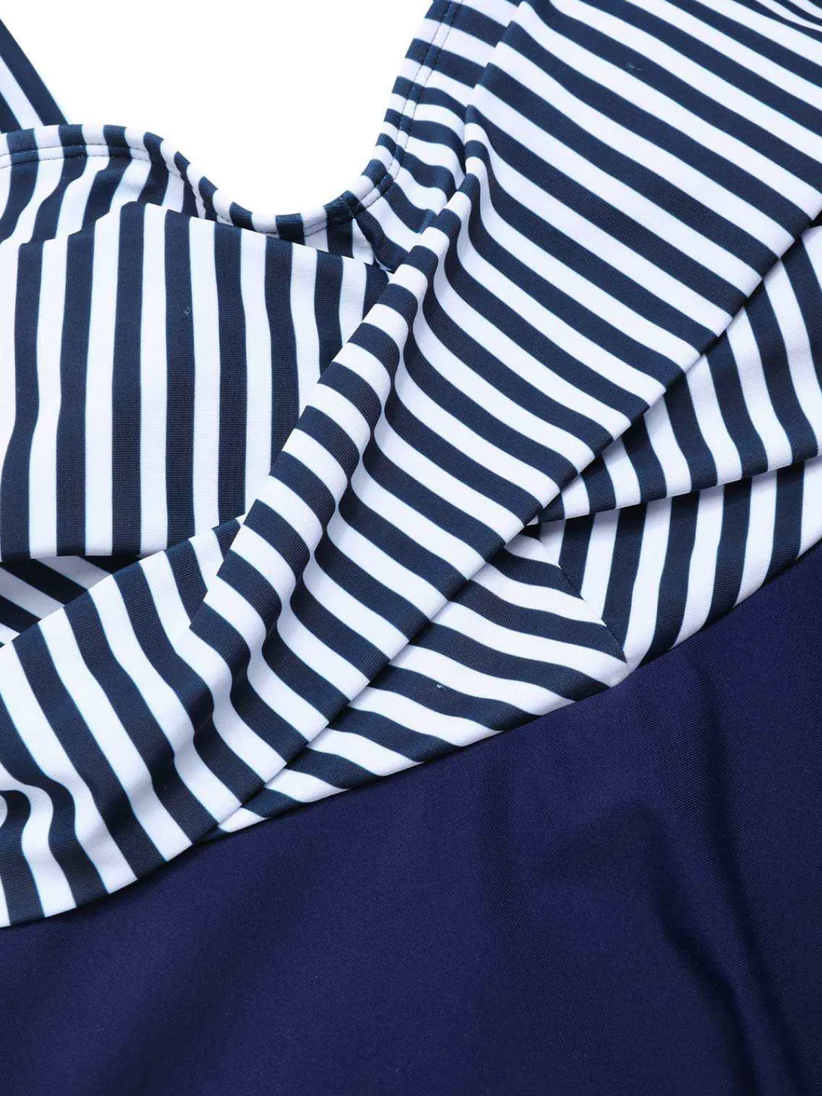 Outlet Retro Stage Blue 1940s Wide Straps Stripe Swim Dress Deep Blue