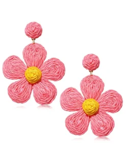 Best Retro Stage Boho Ruffia Strass Flower Pendant Earrings