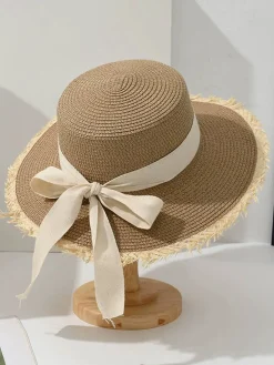 Outlet Retro Stage Bow Flat-Top Straw Wide-Brim Sun Hat