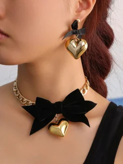 Outlet Retro Stage Bow Heart Necklace Earrings Set