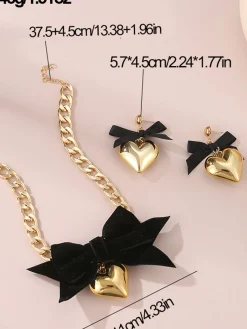 Outlet Retro Stage Bow Heart Necklace Earrings Set
