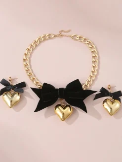 Outlet Retro Stage Bow Heart Necklace Earrings Set
