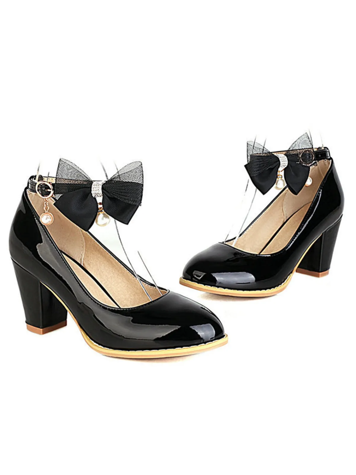 Clearance Retro Stage Bow Patent Leather Mary Jane Chunky Heels