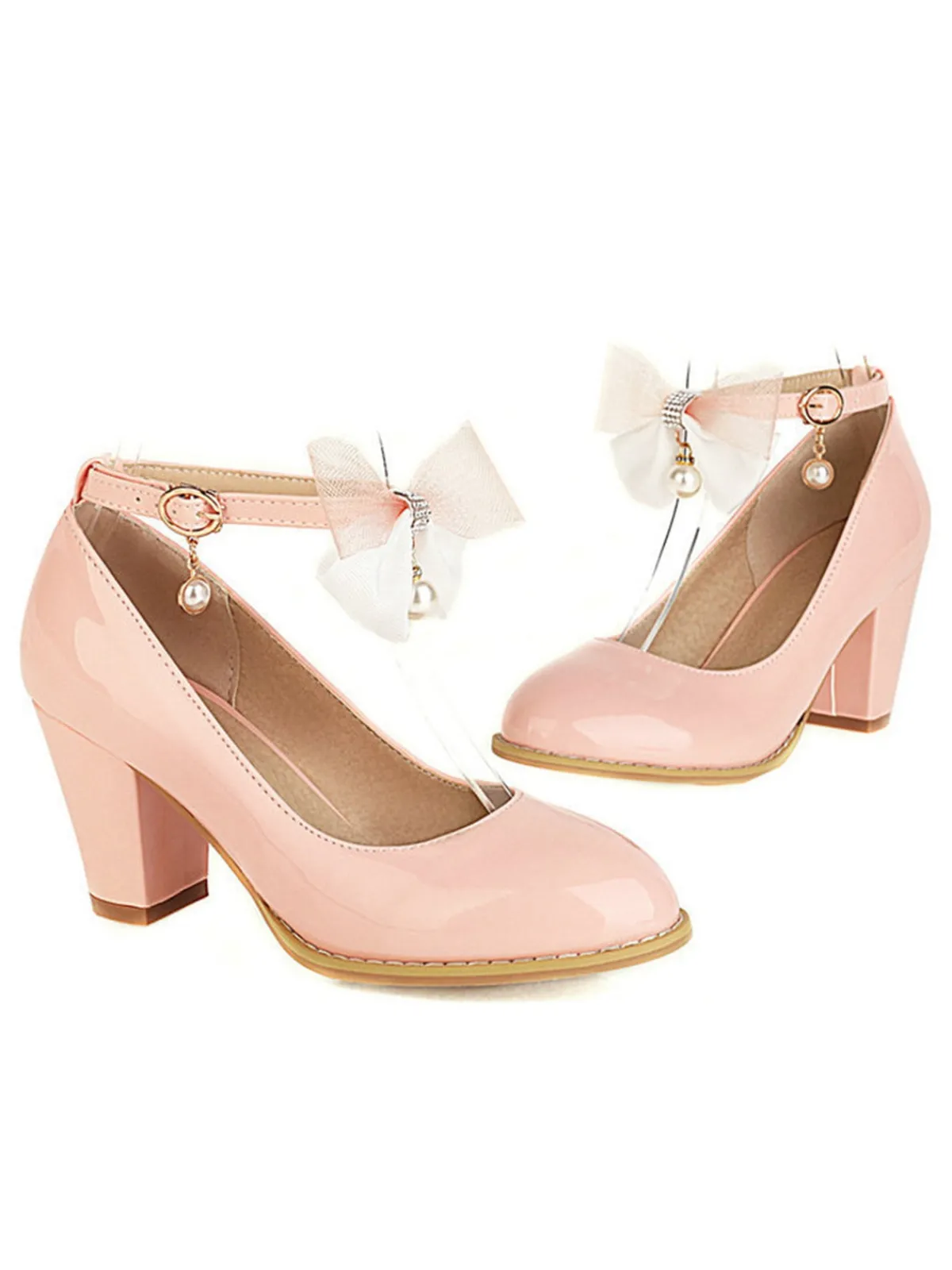Clearance Retro Stage Bow Patent Leather Mary Jane Chunky Heels