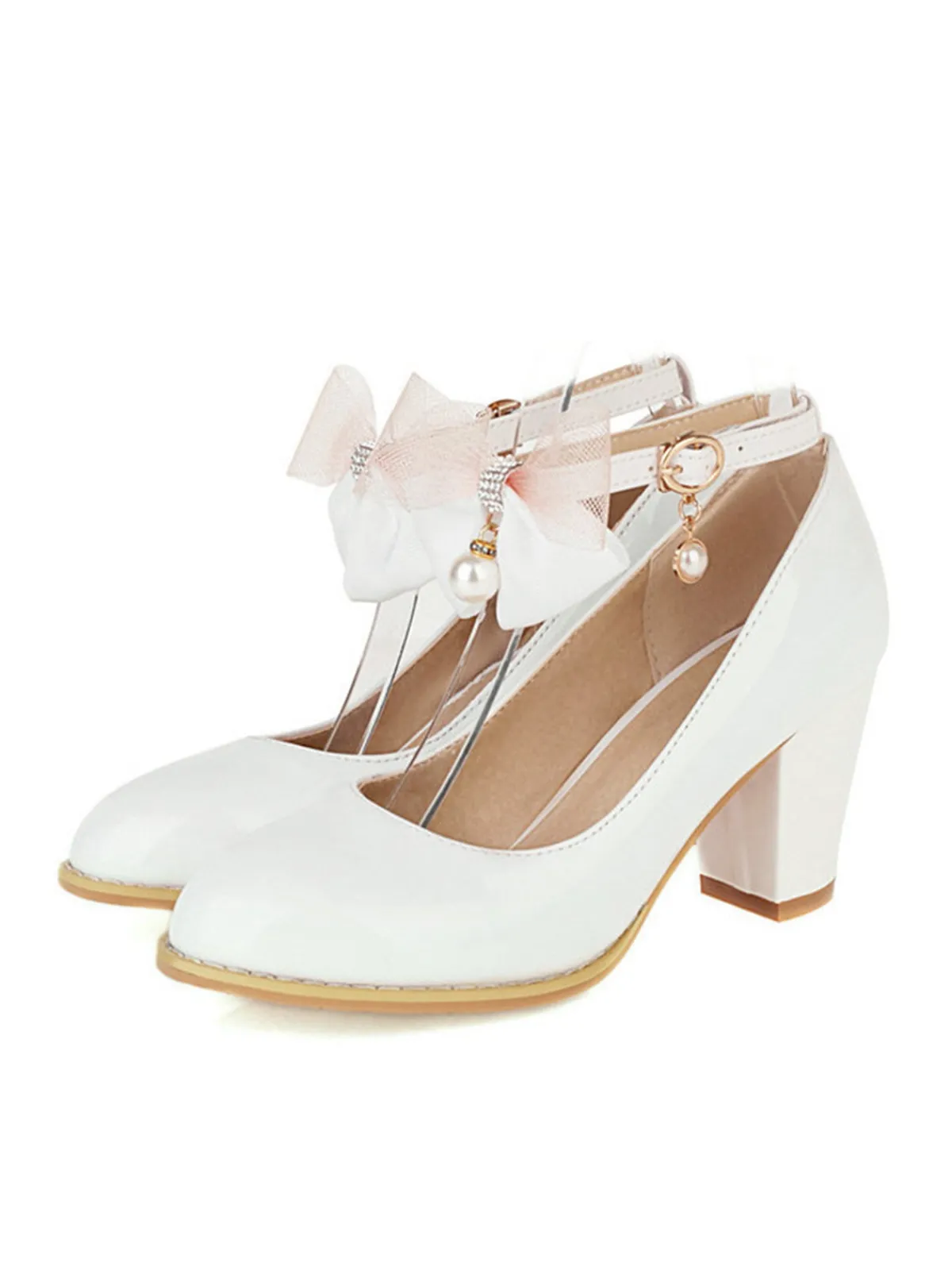 Clearance Retro Stage Bow Patent Leather Mary Jane Chunky Heels