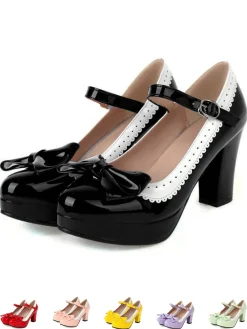 Online Retro Stage Bowknot Chunky Heels Mary Jane Shoes