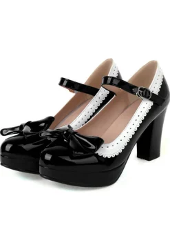Online Retro Stage Bowknot Chunky Heels Mary Jane Shoes