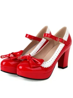 Online Retro Stage Bowknot Chunky Heels Mary Jane Shoes