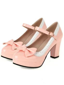 Online Retro Stage Bowknot Chunky Heels Mary Jane Shoes