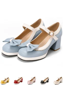 Hot Retro Stage Bowknot Chunky Heels Mary Jane Shoes