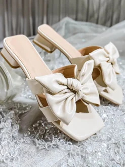 Outlet Retro Stage Bowknot Wedge Low Heeled PU Leather Slippers