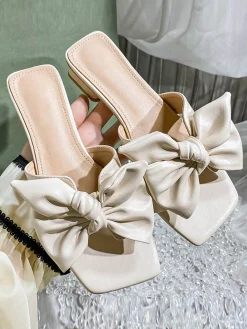 Outlet Retro Stage Bowknot Wedge Low Heeled PU Leather Slippers