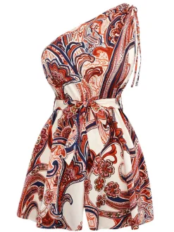 Hot Retro Stage Brick Red 1970s One-Shoulder Bohemian Floral Romper Fire Brick Red