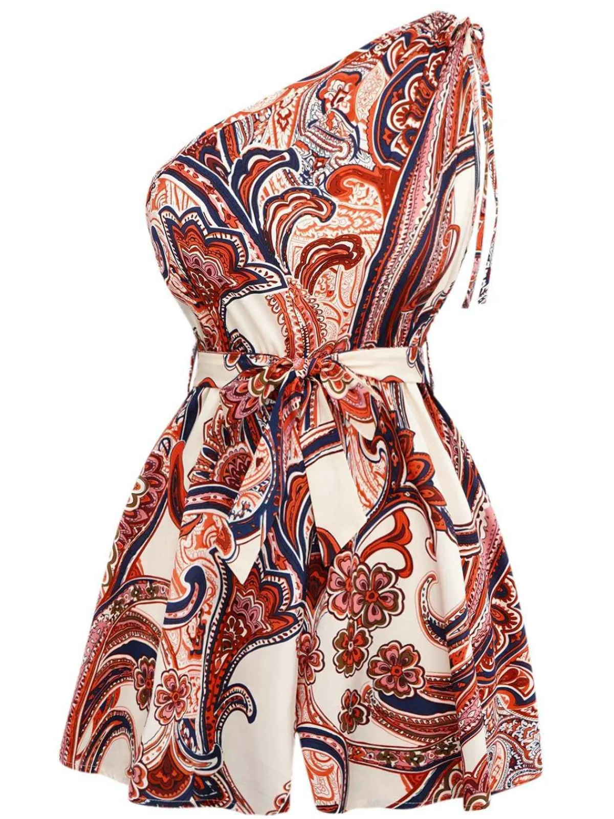 Hot Retro Stage Brick Red 1970s One-Shoulder Bohemian Floral Romper Fire Brick Red