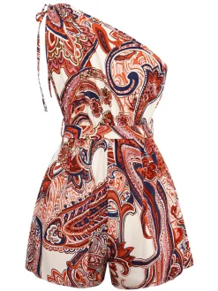 Hot Retro Stage Brick Red 1970s One-Shoulder Bohemian Floral Romper Fire Brick Red