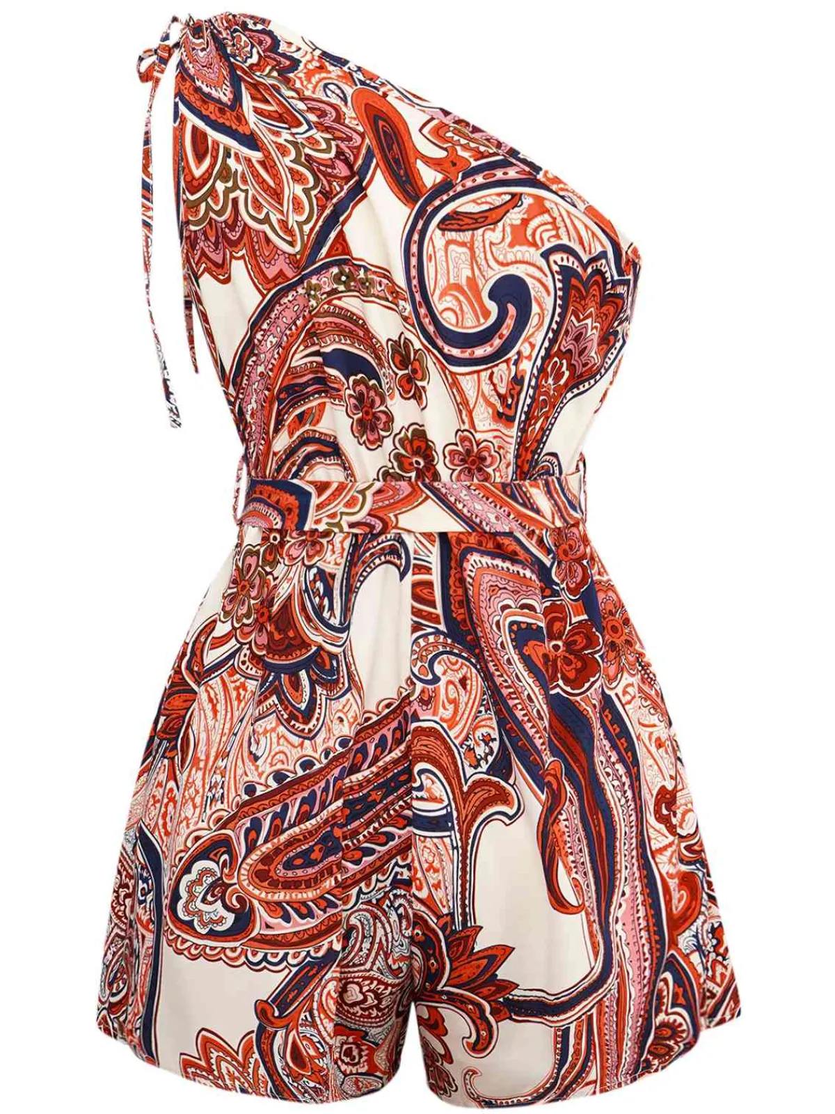 Hot Retro Stage Brick Red 1970s One-Shoulder Bohemian Floral Romper Fire Brick Red