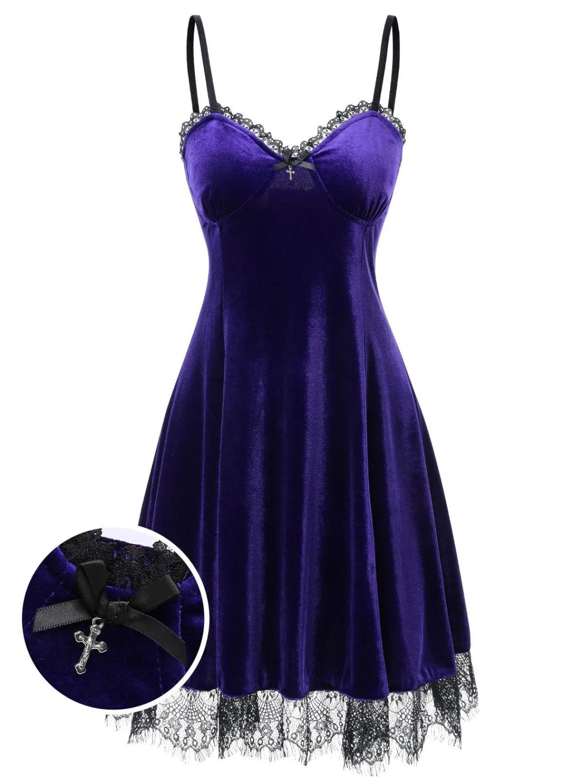 Outlet Retro Stage 1980s V-Neck Lace Velvet Dress Bright Purple