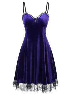 Outlet Retro Stage 1980s V-Neck Lace Velvet Dress Bright Purple
