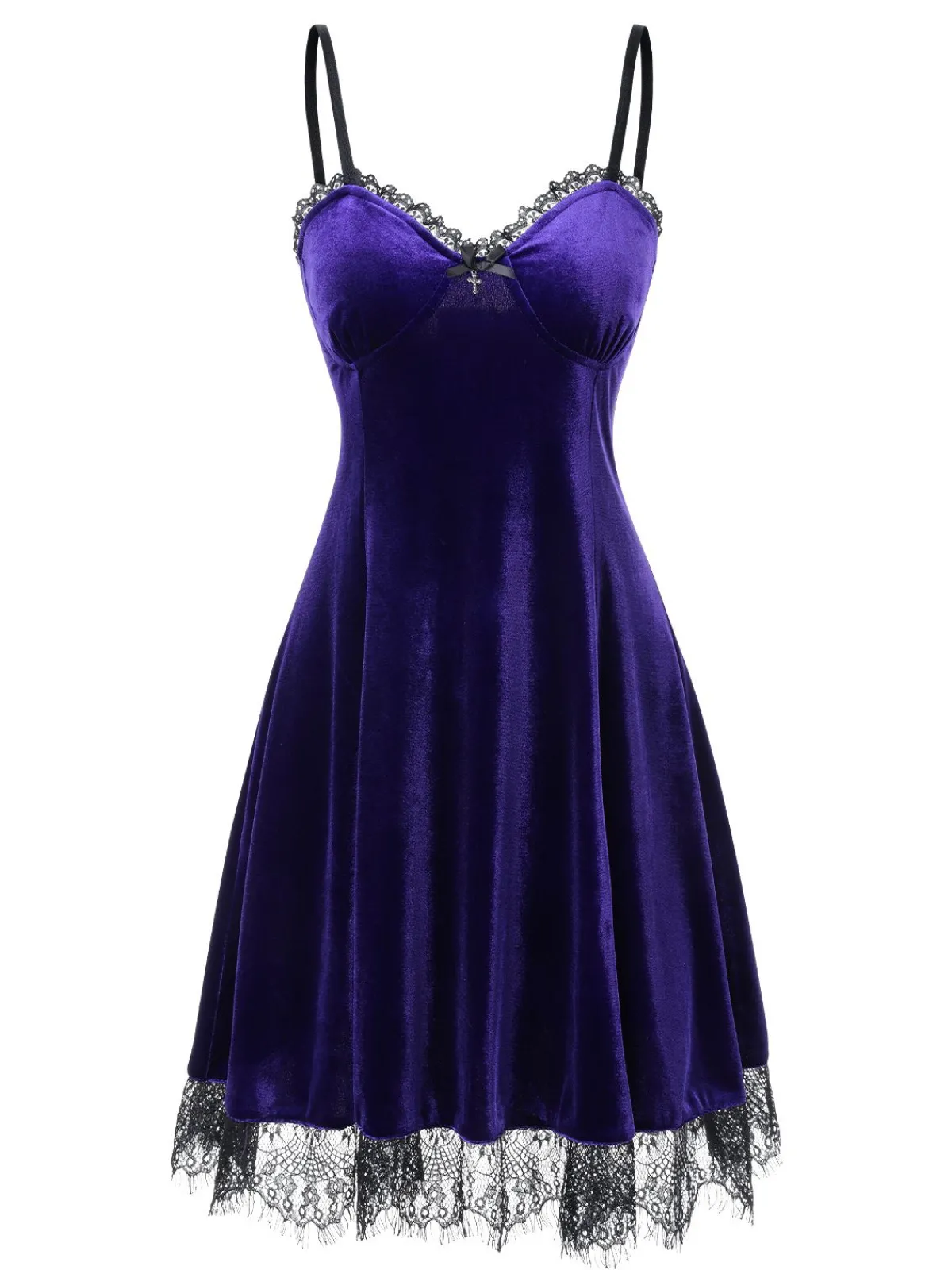 Outlet Retro Stage 1980s V-Neck Lace Velvet Dress Bright Purple