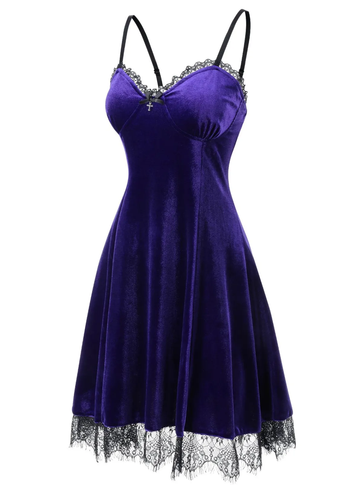 Outlet Retro Stage 1980s V-Neck Lace Velvet Dress Bright Purple