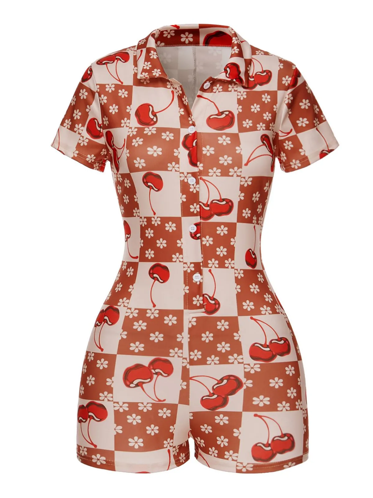 Discount Retro Stage 1950s Cherry Checkerboard Lapel Romper Brown & Red