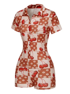 Discount Retro Stage 1950s Cherry Checkerboard Lapel Romper Brown & Red