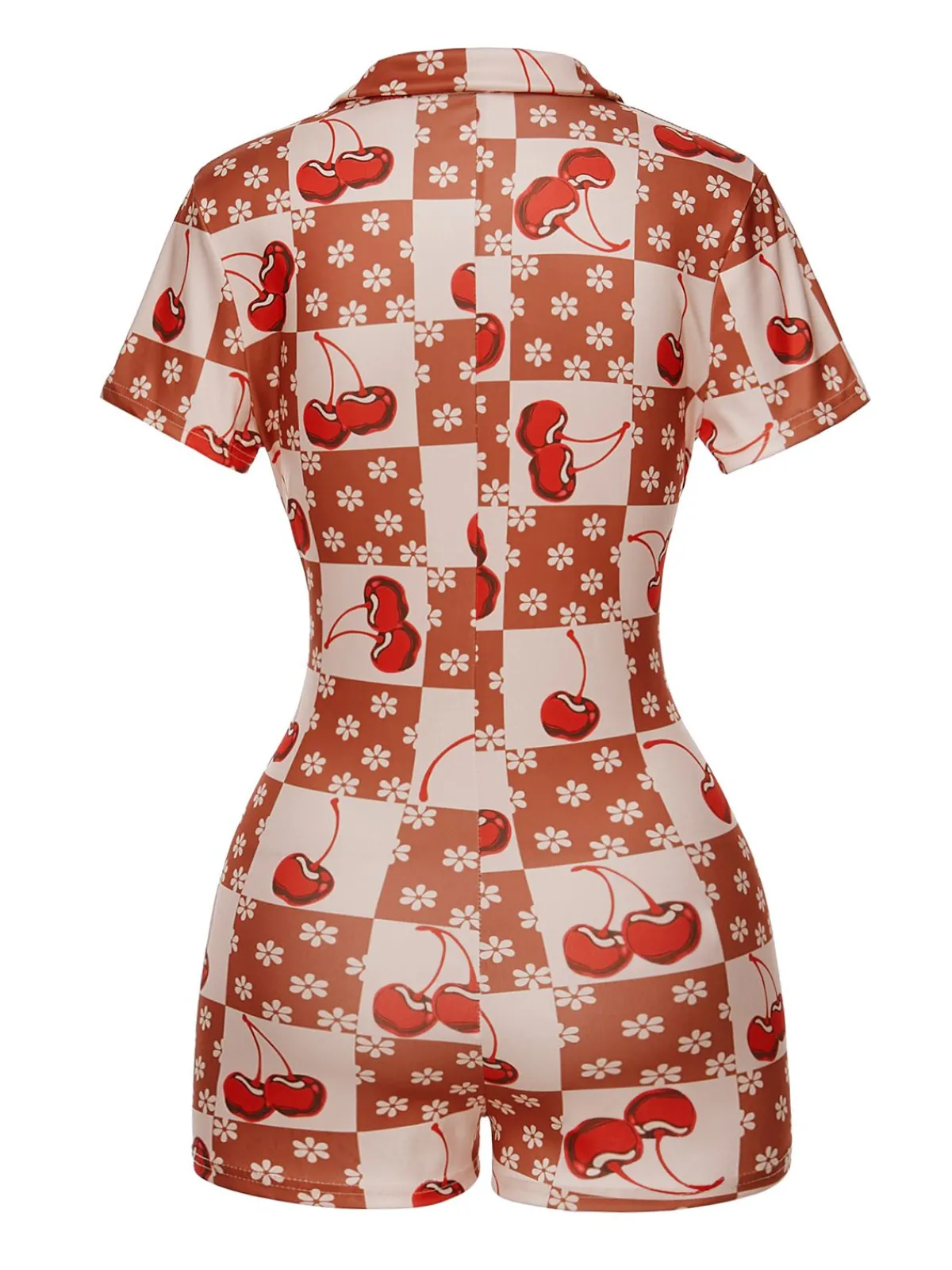 Discount Retro Stage 1950s Cherry Checkerboard Lapel Romper Brown & Red