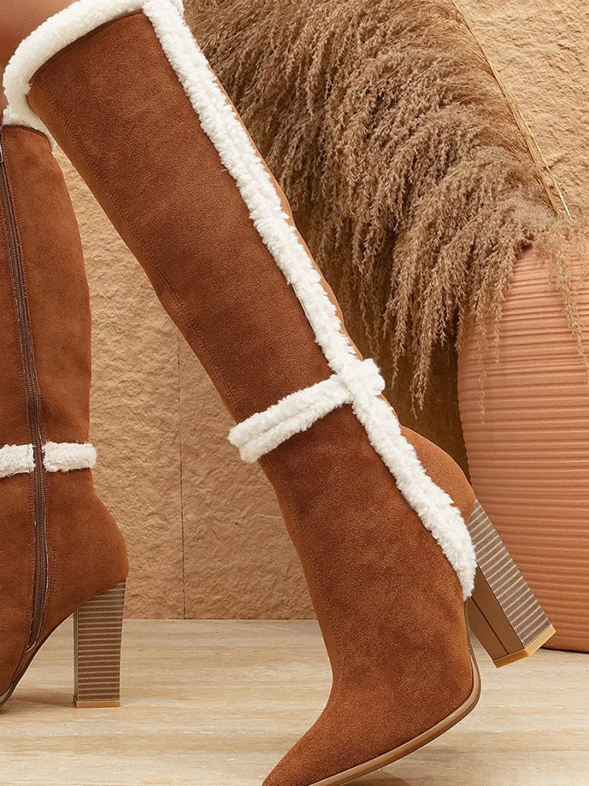 Sale Retro Stage Flannelette Patchwork Chunky Heel Boots Brown